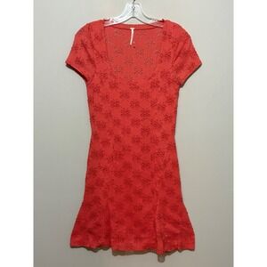 Free People Mini Dress Coral Floral‎ Crochet Short Sleeve Casual Womens